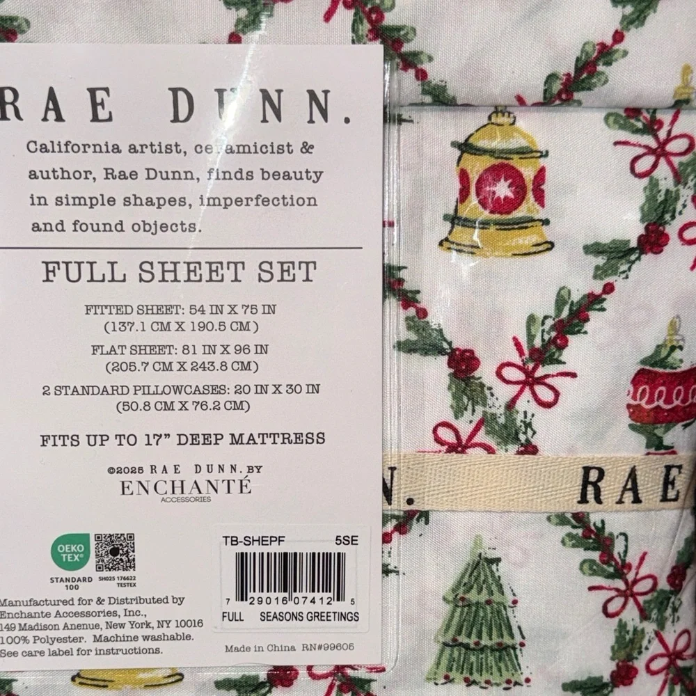 NWT Rae Dunn Christmas Holiday Full Size Sheet Set - Red/Green Ornaments - Picture 3 of 7